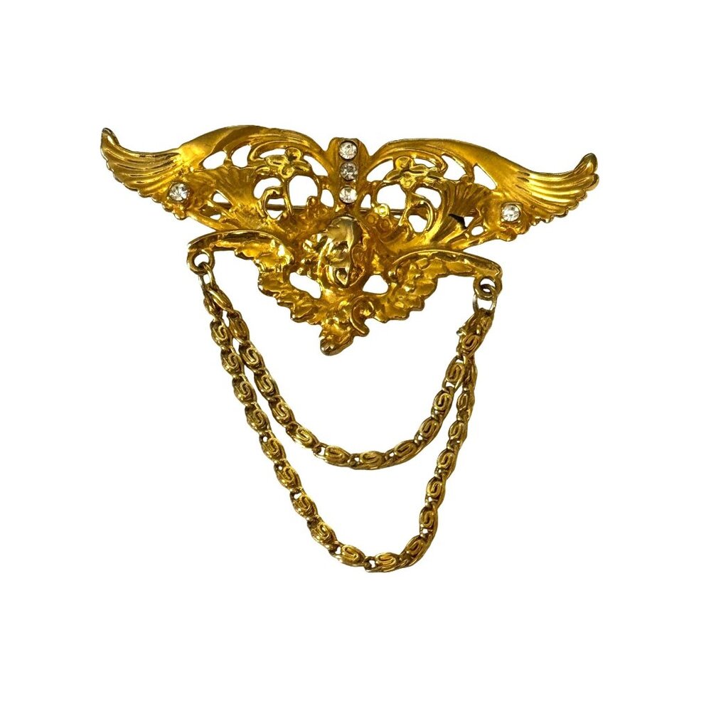 Vintage Angel Cherub Wings Brooch Gold-Tone Double Chains 3" x 3"